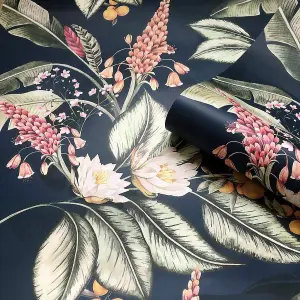 Belgravia Paradise Jungle Tropical Palm Navy Wallpaper P6600