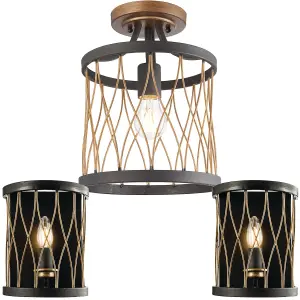 Ceiling Lamp & 2x Matching Wall Light Bronze Matt Black Metal Vintage Bulb Cage