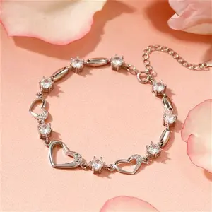 Trendy Sterling Silver Bracelet For Women With Heart Shaped Charm & Stones