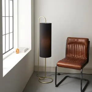 Antique Brass Oval Floor Lamp & Black Fabric Shade 1360mm Height Standing Light