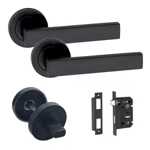 Golden Grace 1 Set of Delta Straight Design Matt Black Finish Door Handle Pack for Bathrooms with Matching Lock and Thumbturn