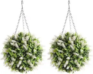 Pair of Best Artificial 28cm White Lush Lavender Hanging Basket Flower Topiary Ball - Weather & Fade Resistant