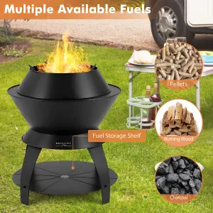 Costway 50cm Patio Fire Pit Metal Camping Fire Bowl w/ Pot Holder & Storage Shelf