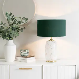 ValueLights India Gold Metal and White Confetti Glass Table Lamp with Forest Green Drum Lampshade - LED Bulb Included