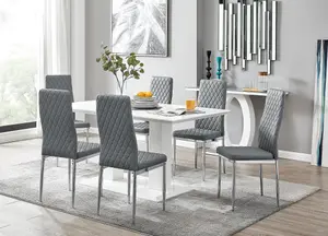 Imperia White High Gloss 6 Seater Dining Table with Structural 2 Plinth Column Legs 6 Grey Stitched Faux Leather Milan Chairs