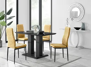 Furniturebox Imperia 4 Modern Black High Gloss Dining Table and 4 Mustard Velvet Milan Black Leg Chairs