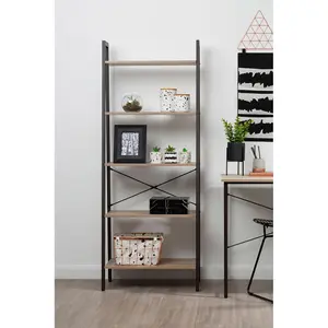 Interiors By Premier Five Tier Grey Oak Veneer Ladder Shelf Unit, Functional Industrial Narrow Shelf, Stylish Tall Cupboard