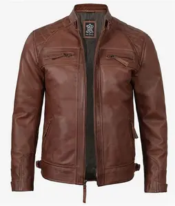 Distressed Brown Leather Jacket | Mens Biker Premium Quilted Jacket