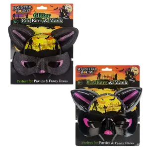 Halloween Cats Ears & Mask Set Halloween Party, Trick or Treat  Black Glitter