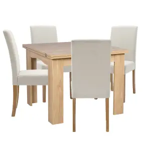 Hallowood Furniture Newquay Oak Flip Top Extending Table with 4 Upholstered Chairs in Beige Fabric