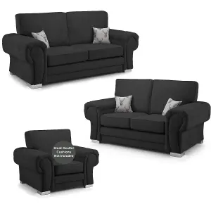 Milan Fabric 3 Piece Sofa Suite Black Full Back Chesterfield Style