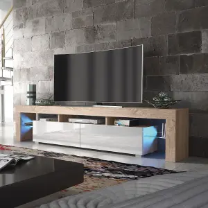 TV Unit 200cm Sideboard Cabinet Cupboard TV Stand Living Room High Gloss Doors - Oak & White