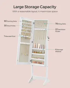 SONGMICS Mirror Jewellery Cabinet Armoire, Full-Length Mirror, Lockable Jewellery Organiser, White Surface and Beige Lining