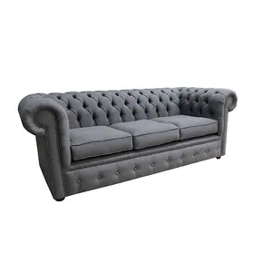 Chesterfield 3 Seater Sofa Charles Slate Grey Real Linen Fabric In Classic Style