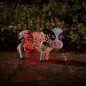 Solar Powered Silhouette Daisy Cow - Outdoor Garden Handmade Ornament with Scroll Effect Cut Out & LED Light - H26 x W38 x D24cm