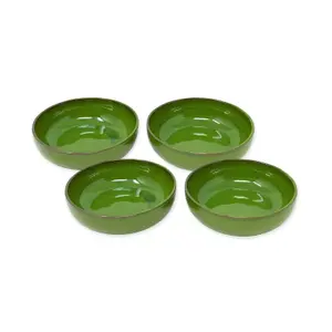 Selena Glazed Hand Dipped Kitchen Dining Set of 4 Shallow Bowls Dark Green (Diam) 14cm