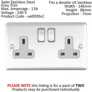 2 PACK 2 Gang Double UK Plug Socket SATIN STEEL & Grey 13A Switched Outlet