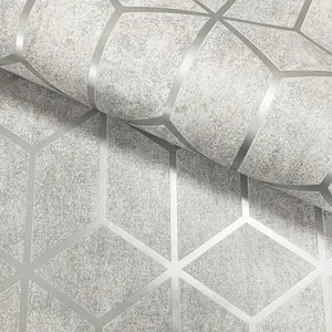 Muriva Grey Geometric Metallic effect Embossed Wallpaper