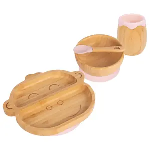 Tiny Dining 4pc Monkey Bamboo Suction Baby Feeding Set - Pastel Pink