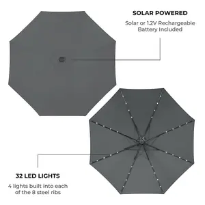 GardenKraft 2.7m Charcoal Grey Outdoor Garden Parasol with 32 Solar LED Lights