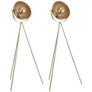 First Choice Lighting Pair of Retro Satin Brass Tripod Floor Lamps