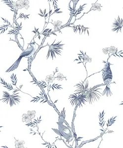 Galerie Secret Garden White/Blue Garden Bird Trail Wallpaper Roll