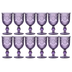 Set of 12 Vintage Luxury Purple Embossed Drinking Wine Glass Wine Goblets 290ml