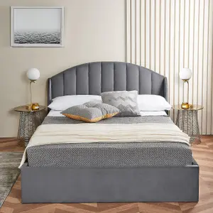 Grey Small Double Ottoman Bed With Curved Headboard & Wings