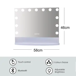 Rectangular 13 Dimmable LED Wireless Speaker Hollywood Vanity Mirror with LED Ambient Light Strip 58x46cm MT005846PRO