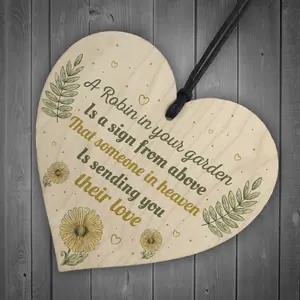 Red Ocean Robin Garden Memorial Grave Wooden Hanging Heart Sign Rememberance Plaque Inspirational Gift