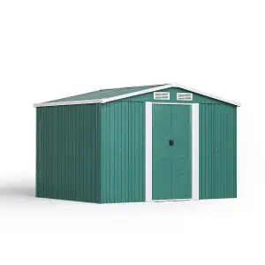 8 x 6 ft Metal Shed Garden Storage Shed Apex Roof Double Door with Base Foundation,Dark Green