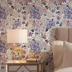 Hydrangea Bouquet Wallpaper in Soft Pastels on White