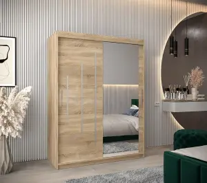 Stylish Oak Sonoma York II Sliding Door Wardrobe W1500mm H2000mm D620mm - Mirrored Storage with Silver Handles