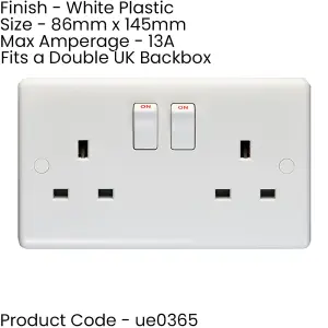 5 PACK 2 Gang Single Pole 13A Switched UK Plug Socket WHITE Double Power Outlet