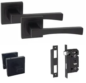 1 Set Wave Design Bathroom Door Handle Set Matt Black Finish