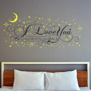 Valentines Quote Love Stars Glow Dark Moon Wall Stickers Decoration 107cm x 46cm Glow in Dark Stickers Stock Clearance