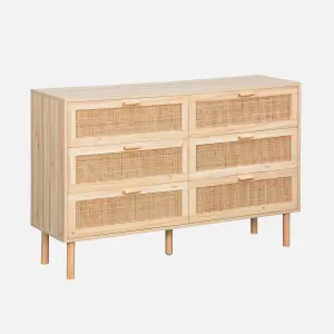 sweeek. 6-drawer chest with cane and wooden effect Camargue Natural 120x40x80 cm