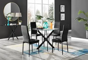 Furniturebox UK Novara Black Leg Round Glass Dining Table & 4 Black Velvet Milan Black Leg Chairs