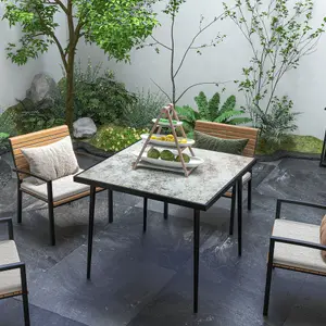 Outsunny Outdoor Dining Table for 4 with Marble Effect Tempered Glass Top Grey