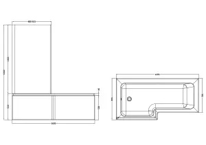 1700mm Left Hand L Shape Square Shower Bath, Bath Shower Screen and Front Panel