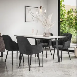 Haydon Extending Dining Table + Chairs- White Marble Effect Table Top w Black Legs + Anika Velvet Dining Chair Set Of 6 (Black)