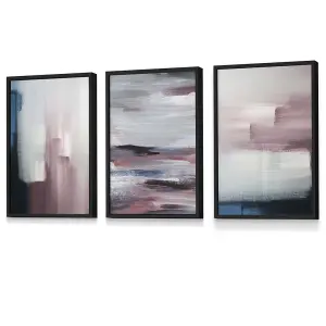 Set of 3 Abstract Navy Blue Grey Blush Pink Oil Wall Art Prints / 30x42cm (A3) / Black Frame