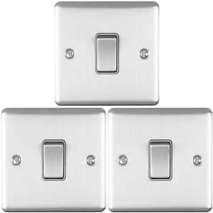 3 PACK 1 Gang Single Light Switch SATIN STEEL 2 Way 10A Grey Trim & Metal