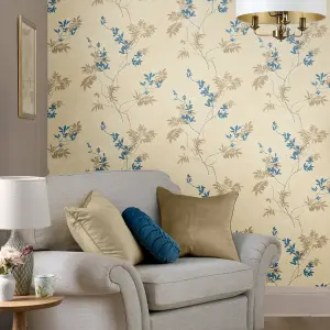 Laura Ashley Mari Gold Floral Smooth Wallpaper