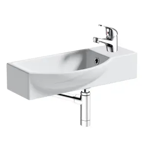 460mm Curved Wall Hung 1 Tap Hole Basin Chrome Dom Tap & Minimalist Bottle Trap Waste