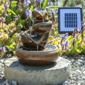 Primrose Cosmos Solar Powered Oil Jar Ceramic Water Feature in Brown 25cm