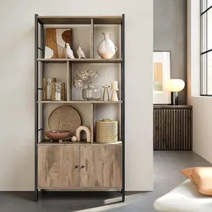 VASAGLE Bookshelf, Storage Shelf, Large Bookcase with Doors, 4 Shelves, Steel Structure, Industrial, Toasted Oak Colour and Black