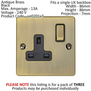 3 PACK 1 Gang Single UK Plug Socket ANTIQUE BRASS 13A Switched Power Outlet