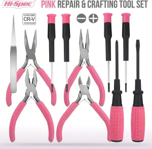 11pc Pink Compact Crafts & Home DIY Repair Hand Tool Kit Set With pliers, cutters, and precision screwdrivers