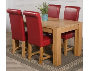 Kuba 150 x 85 cm Chunky Medium Oak Dining Table and 4 Chairs Dining Set with Washington Burgundy Leather Chairs